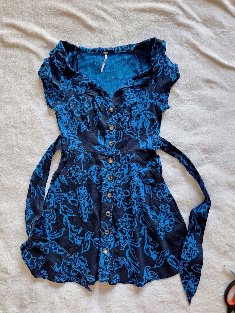 Free People A Thing Called Love Linen Mini Dress Button Front Black Blue Boho S